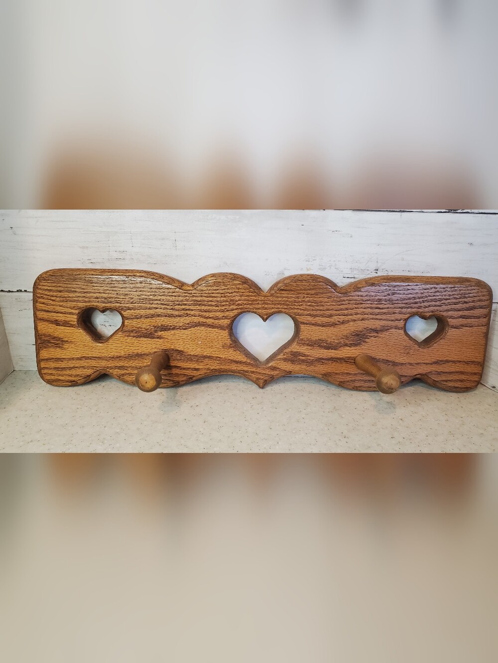 Vintage Solid Oak Heart Cutout Wall Coat Rack Peg Rack Grandmacore Rustic 17.5"